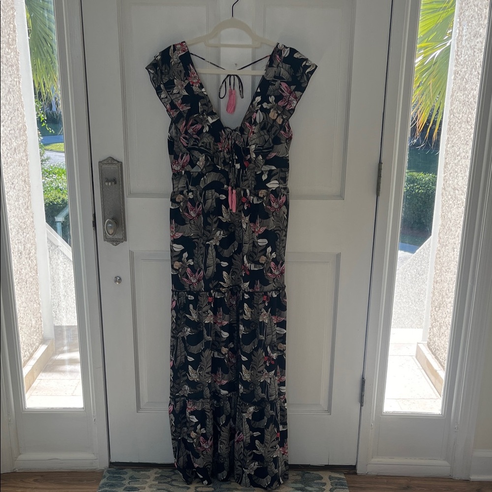 Floral Maxi Dress with Pink Accents and tassels